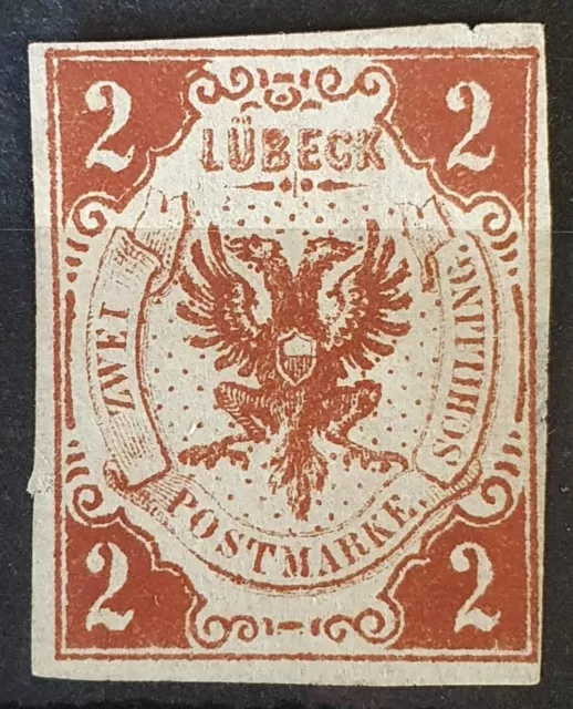 LUBECK GERMANY 1859 Unused No Gum Imperf 2 S Deep Red Brown Michel #3