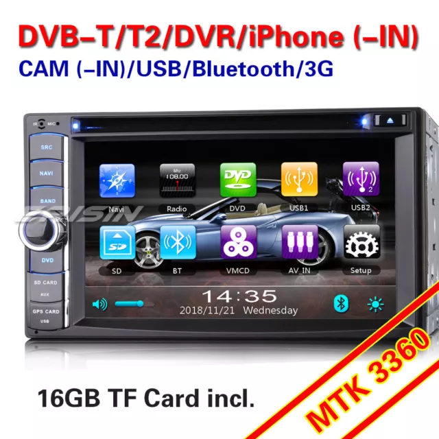 Doppel 2 Din Autoradio GPS Bluetooth DVD DVB-T2 RDS DVR USB Navi CAM-Ein AUX 3G