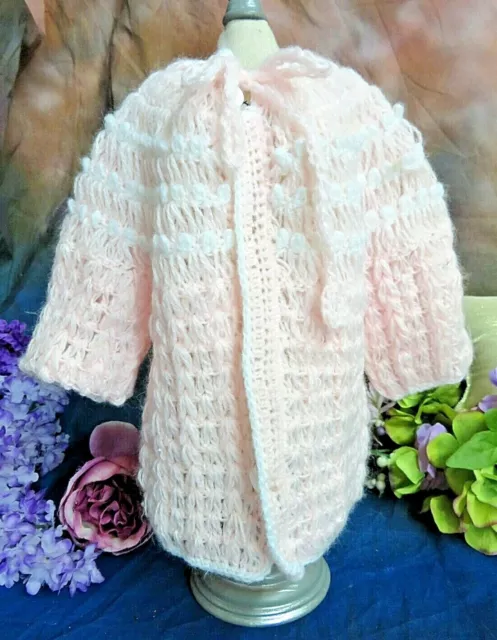 VINTAGE hand knit SWEATER coat JACKET baby DOLL clothes PINK white fits 18-20"