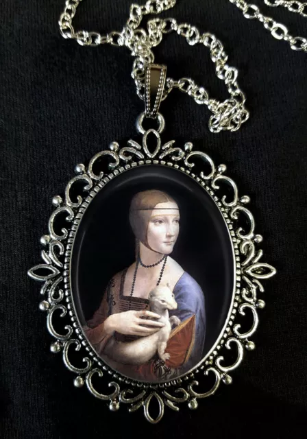 Da Vinci Lady with an Ermine 1489 Large Antique Silver Pendant Necklace Artist