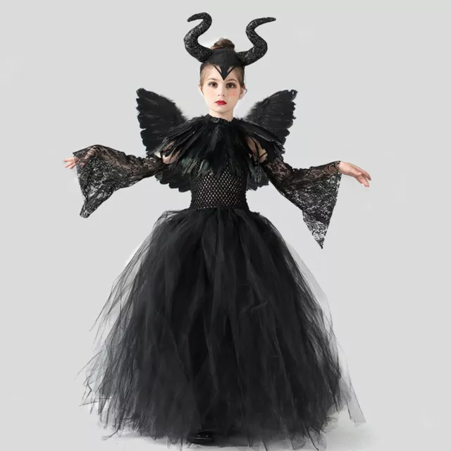 New 5Pc Set Kids Maleficent Cosplay Costume Dress Headband Girl Halloween Outfit