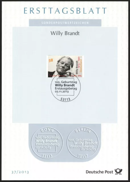 Ersttagsblatt ETB 37/2013 - "100. Geburtstag von Willy Brandt" - Porträt