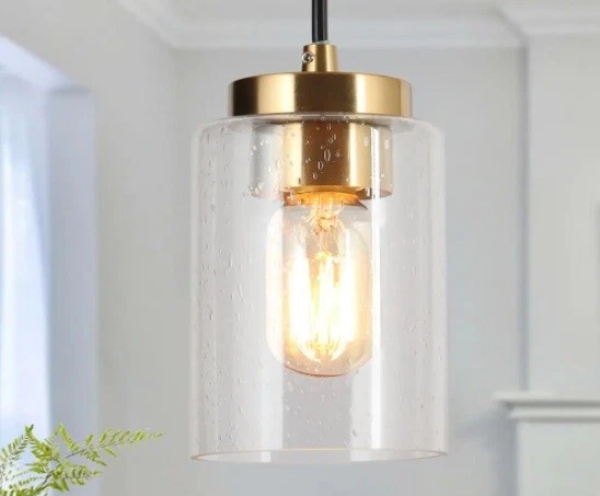 LNC Yulle 4.7" Brass Gold Mini Pendant Light w/Seeded Glass