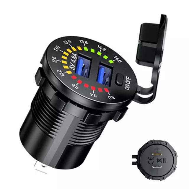 Black Dual Ports 4.8A USB Car Cigarette Charger Lighter LED Voltmeter Switch 12V