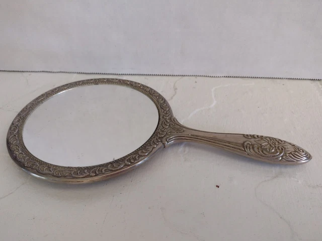 Antique Handheld Vanity Silver Plate MIRROR Repoussé Floral Ornate Victorian