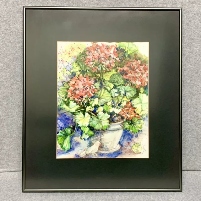 Beautifully Framed Original Watercolor  Painting Geraniums & Bird Vintage Signed