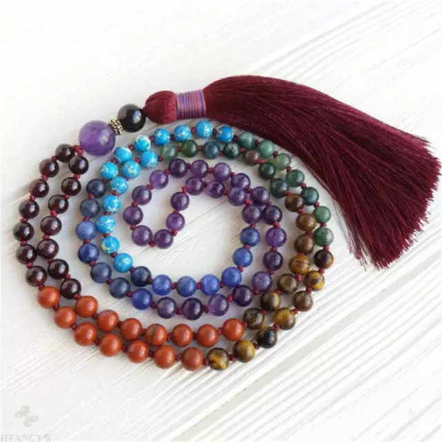 8mm 7 Chakras Gemstone 108 Beads Mala Tassel Necklace Japa Spirituality Buddhism