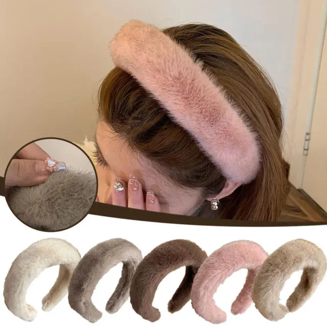 Women Faux Fur Hair Bands Wide Edge Plush Headband Lady Winter Fluffy Hoop↖ Q4K5
