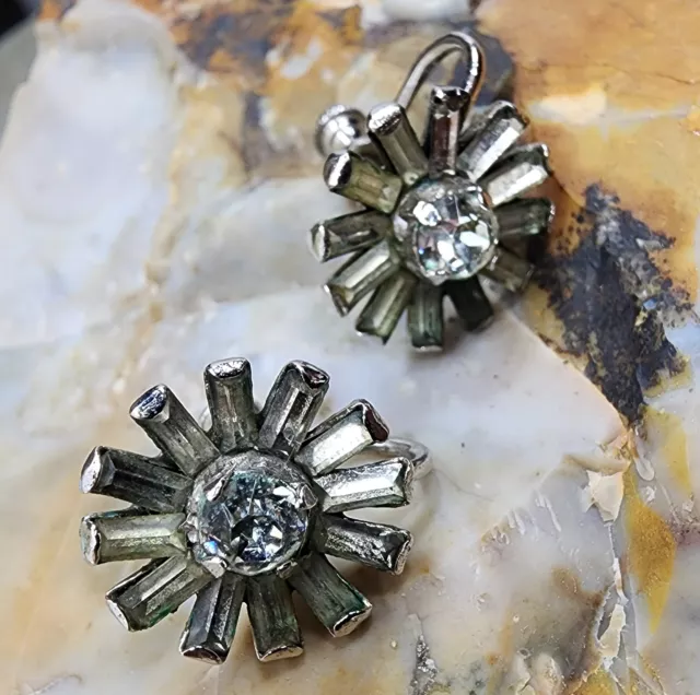 Vintage Mid-Century Sterling Silver Screw Back Earrings Flower Shaped Rhinestone