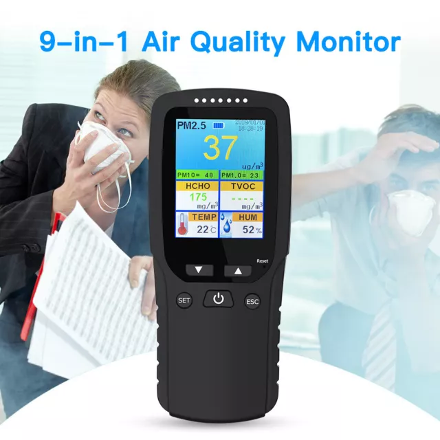Tester monitor qualità aria 9 in 1 per analizzatori di formaldeide PM10 TVOC PM1.0 AQI
