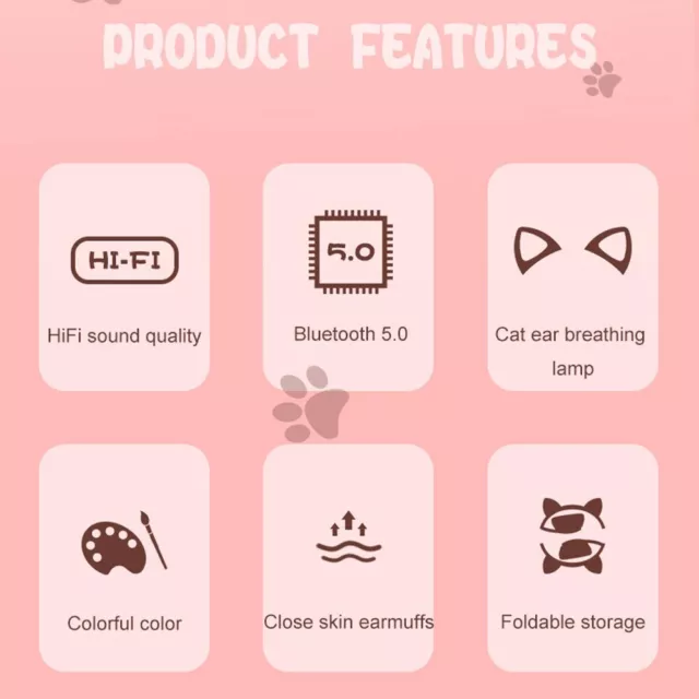 Casque Bluetooth avec oreilles de chat rose mignonnes, lumière LED, fille/NEUF 3