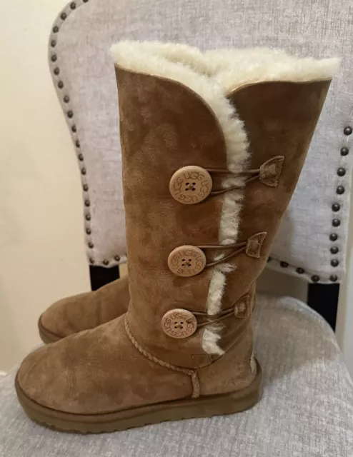 UGG Bailey Button Triplet Tall Boots (Women's Size 7) Chestnut Suede Sheepskin