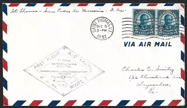 Virgin Islands 1931 FAM Route 6 cover St. Thomas to Dominican Republic