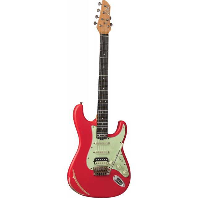 Guitare électrique EKO GUITARS Aire Relic Fiesta Red - Corps Paulownia, Manche érable Roasted, Micros HSS