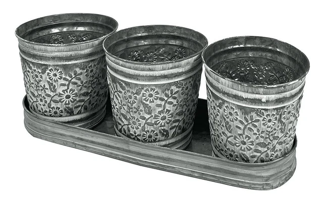 Zink Blumentopf Vintage-Stil 3 Stück mit Tablett Pflanzgefäß Kräutertopf Set 2