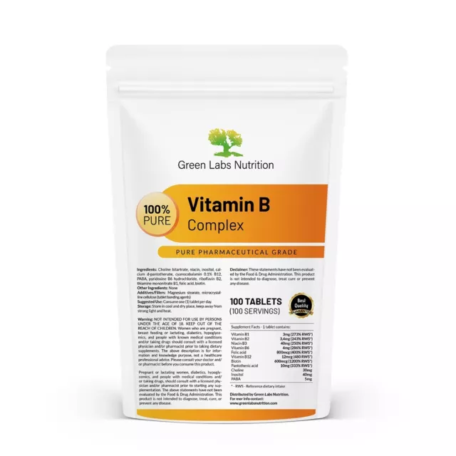 Complejo de Vitamina B 100 Comprimidos Enriquecido con Colina, Calcio e Inositol