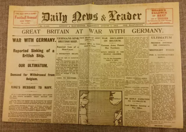 1914 Erster Weltkrieg Ausbruch Zeitung Vintage II Tägliche Nachrichten & Führer Retro Großartig