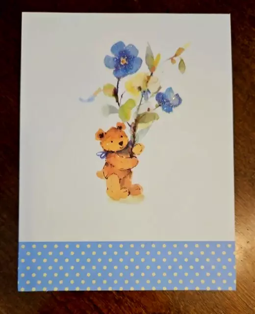 American Greetings blank notecard, cute bear with flowers, glitter accented