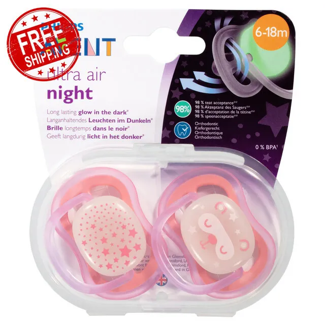 Avent Ultra Air Night BPA Free Soother Long-Lasting Glow Dark 6-18 M 2 Pack