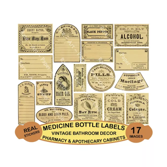 16 Blank Apothecary & Medicine Bottle Label Stickers, Cut & Peel Sheet 952
