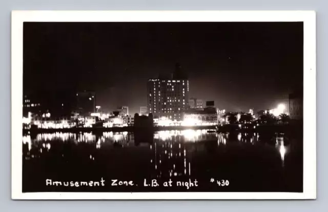 Long Beach at Night "Amusement Zone" RPPC Vintage California Photo ~1940s