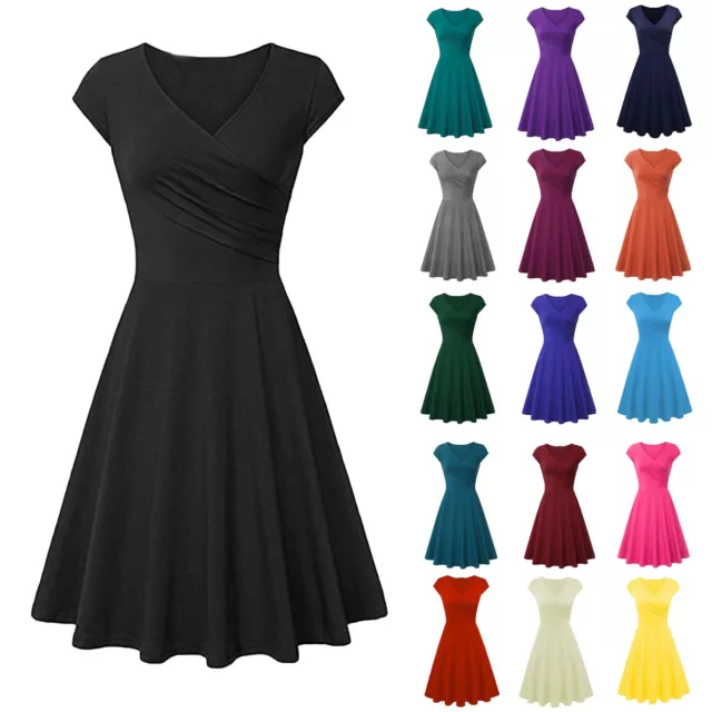 Fashion Womens V-Neck Short Sleeve Dress Evening Party Prom Skater Swing Dress A