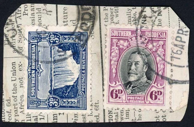 Southern Rhodesia 1931-7 SG 18 20 3d and 6d VFU on piece cat 18+ pounds
