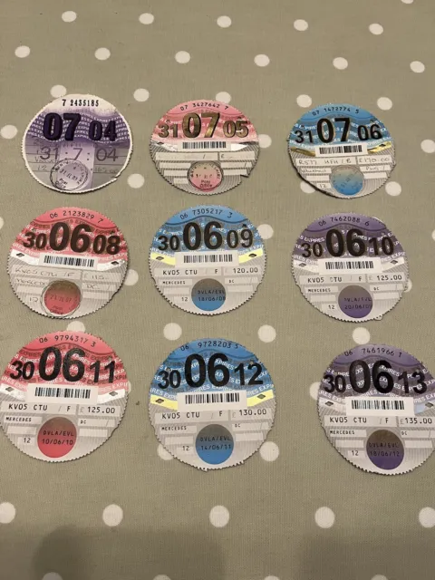 Car Tax Discs - 2004-2013 - 9 Various Discs For Different  Cars