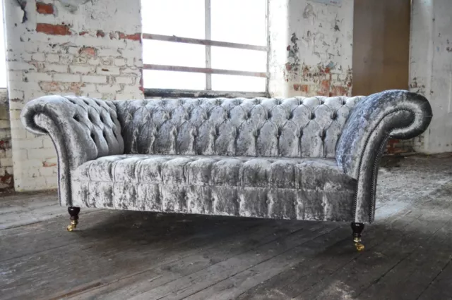 Handmade 3 Seater Silver Crushed Velvet Fabric Chesterfield Sofa, Couch
