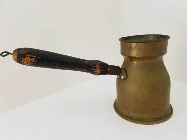 Vintage Primitive Brass/Tin Melting Pot with Wooden Handle