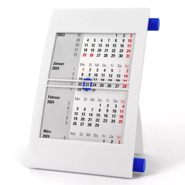 3-Monats-Tischkalender für 2024 & 2025 mit Drehmechanik - weiß/blau