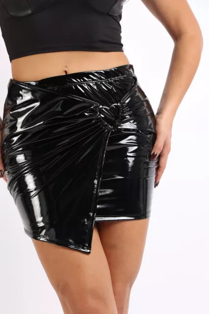 Women's Casual Heart Ring Detailed Wrap Mini Skirt in Shiny Latex Black Purple