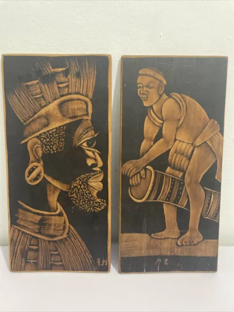 Engraved Wooden African Carved Wooden Wall Plaques X 2 Signed