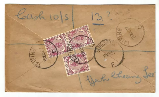 Malaya 1957 Registered cover TAIPING sent to Singapore, with Singapore cancelati