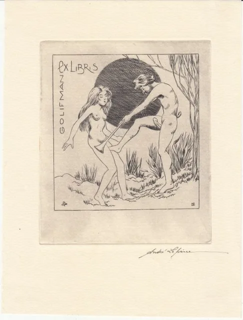 Exlibris Bookplate Radierung André Leprince Aktpaar Strand Livre D'Art