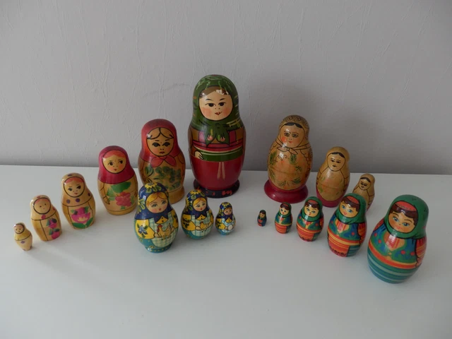 Babuschka, Matroschka, Matruschka, Steckpuppen, 4 Sets + Einzelpuppe, alt