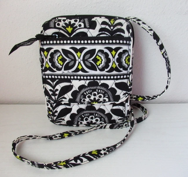 Vera Bradley Mini Hipster Crossbody Shoulder Bag Fanfare Black White Yellow EUC