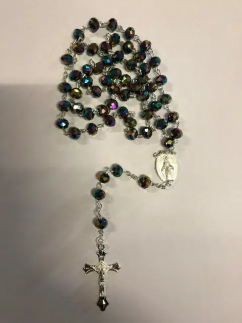 Multi Crystal Glass Religious ROSARY Beads Necklace With Crucifix in Gift Box