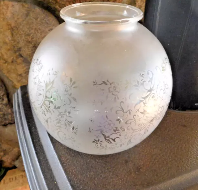 Vtg. Glass Lamp Globe Shade Acid Etched Frosted GlobeFloral 3.5" Fitter~ FREESH~