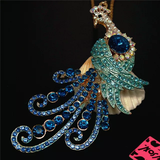 New Women's Blue Shining Peacock Crystal Betsey Johnson Pendant Sweater Necklace