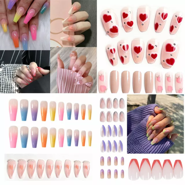 20PCS Largo Bailarina Ataúd Uñas Postizas Francesa Extensión Completo Cubi <