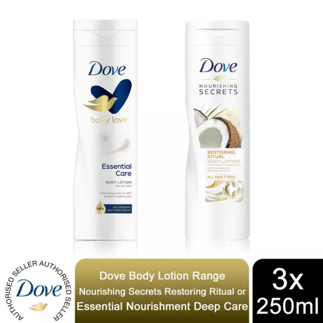 Dove Body Lotion Nourishing Secrets Restoring Ritual or Essential Care, 3x250ml