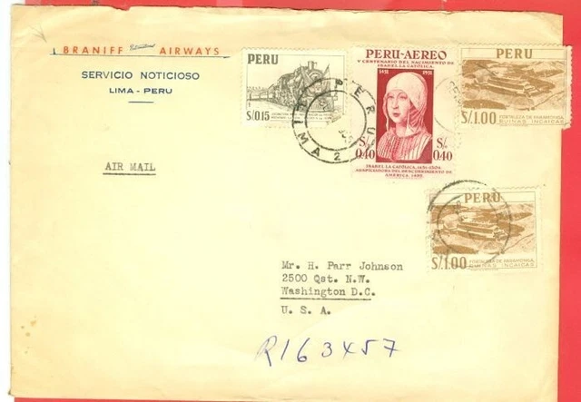 Peru ISABELLA / ISABEL + TRAIN ++ on BRANIFF AIRWAYS Adv cover Registered USA