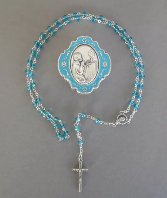 Rosenkranz türkise Perlen mit Schatulle Erstkommunion Junge betend A 2046