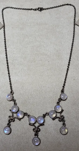 Vintage Natural Rainbow Moonstone 925 Sterling Silver Dangle Necklace Jewelry