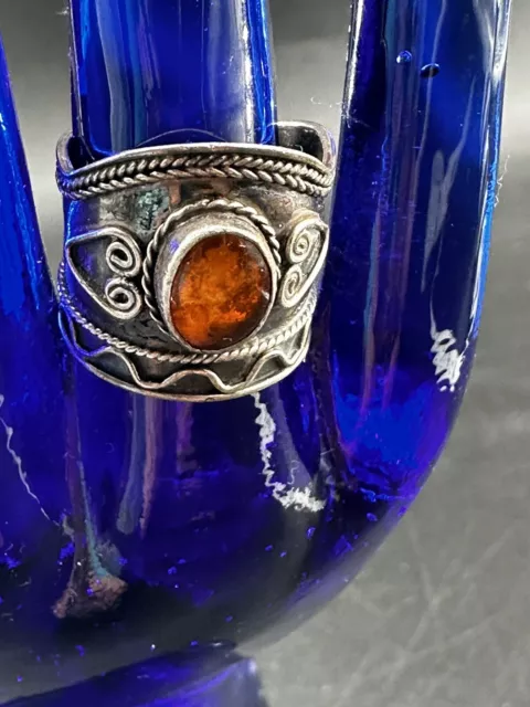 925 sterling silver ring Amber Stone Medieval Style Stacked Handmade See Desc.