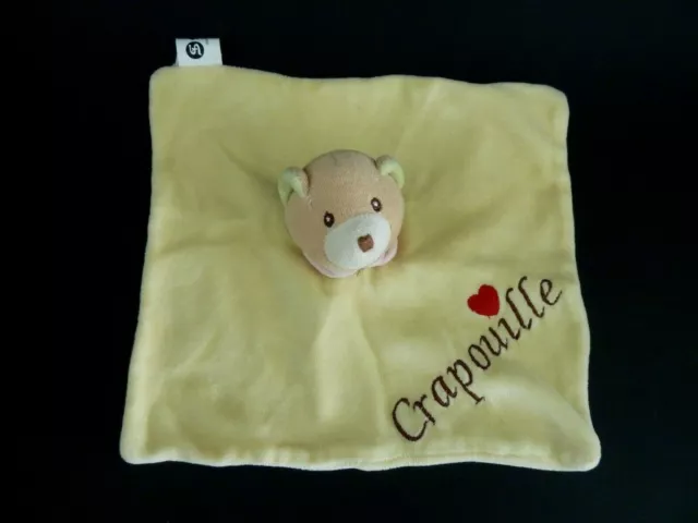 * Doudou Plat Sandy Ours Crapouille Jaune Coeur Rouge Col Rose Excellent Etat