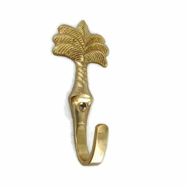 small PALM BRASS HOOK COAT WALL MOUNTED HANG TROPICAL old style hook 4" B
