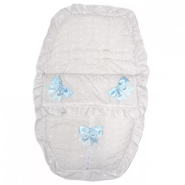 Car Seat Footmuff Cosy Toes Frilly Lace White with Blue Satin Bows Universal~abg