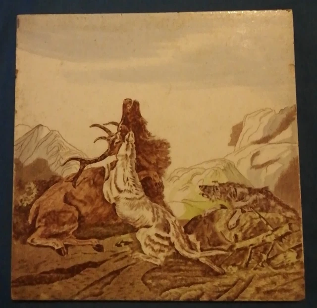 Unusual Hunting  Dogs /Wolves? Scene Antique Tile Mountain Scene